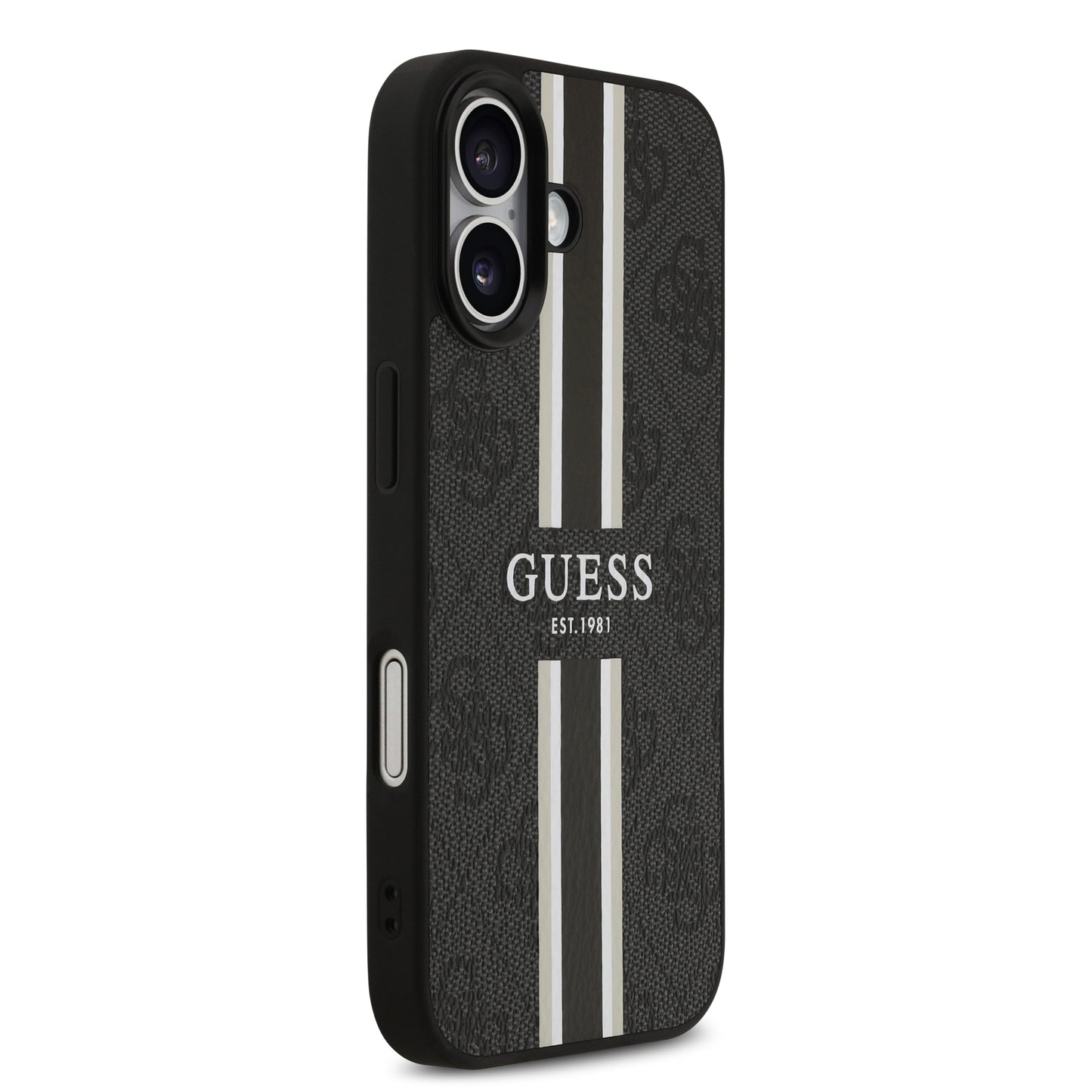 Funda Guess MagSafe de Piel Negra con Franjas y Logotipo 4G para iPhone 17 | Case Original de Lujo