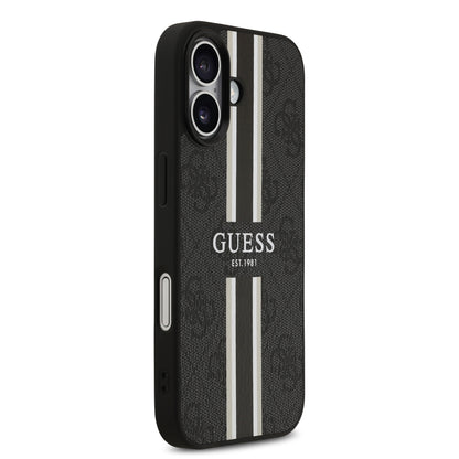Funda Guess MagSafe de Piel Negra con Franjas y Logotipo 4G para iPhone 17 | Case Original de Lujo