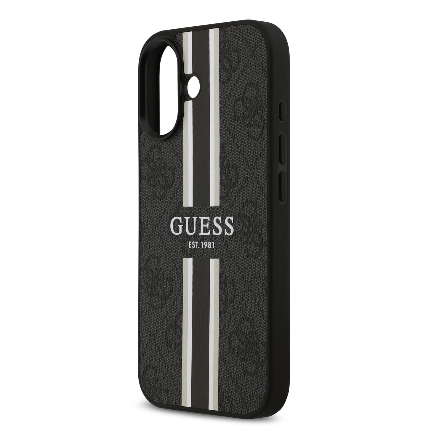 Funda Guess MagSafe de Piel Negra con Franjas y Logotipo 4G para iPhone 17 | Case Original de Lujo