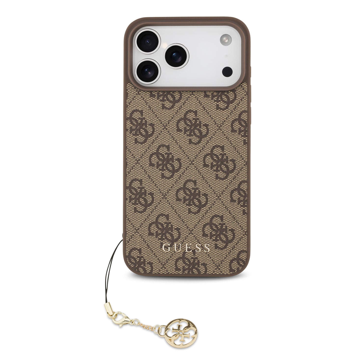 Funda Guess Charm Edition 4G PU Leather Café con Dije Metálico para iPhone 17 Pro Max – Original y de Lujo