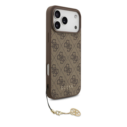 Funda Guess Charm Edition 4G PU Leather Café con Dije Metálico para iPhone 17 Pro – Original y de Lujo