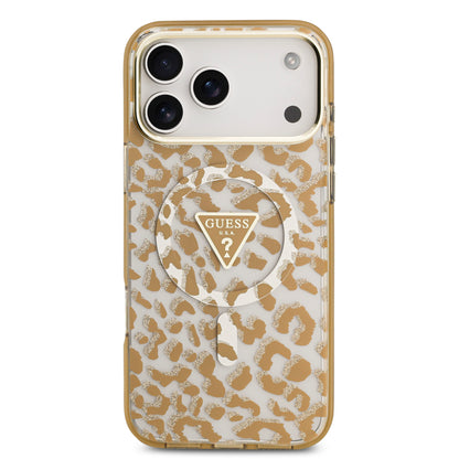 Case Guess Leopard Glitter Edition para iPhone 17 Pro – Funda Brillante Animal Print con Logo Metálico Triangular