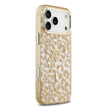 Case Guess Leopard Glitter Edition para iPhone 17 Pro – Funda Brillante Animal Print con Logo Metálico Triangular