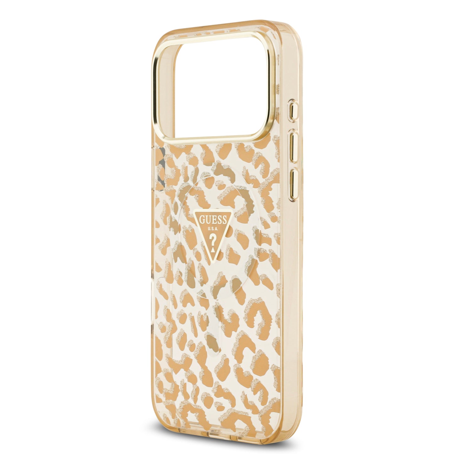 Case Guess Leopard Glitter Edition para iPhone 17 Pro – Funda Brillante Animal Print con Logo Metálico Triangular