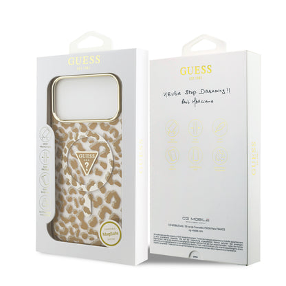 Case Guess Leopard Glitter Edition para iPhone 17 Pro – Funda Brillante Animal Print con Logo Metálico Triangular