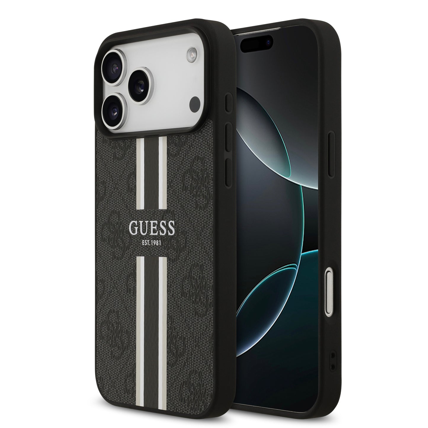 Funda Guess MagSafe de Piel Negra con Franjas y Logotipo 4G para iPhone 17 Pro Max - Case Original de Lujo