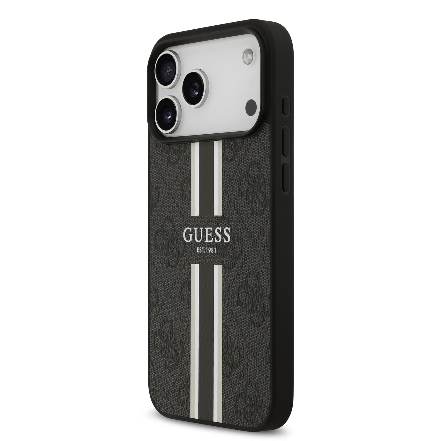 Funda Guess MagSafe de Piel Negra con Franjas y Logotipo 4G para iPhone 17 Pro Max - Case Original de Lujo