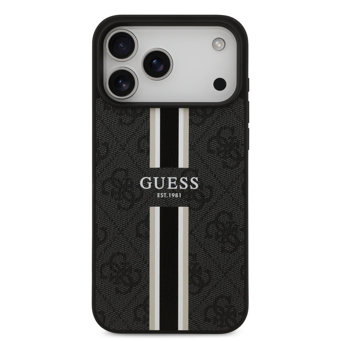 Funda Guess MagSafe de Piel Negra con Franjas y Logotipo 4G para iPhone 17 Pro Max - Case Original de Lujo