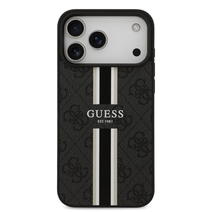 Funda Guess MagSafe de Piel Negra con Franjas y Logotipo 4G para iPhone 17 Pro Max - Case Original de Lujo