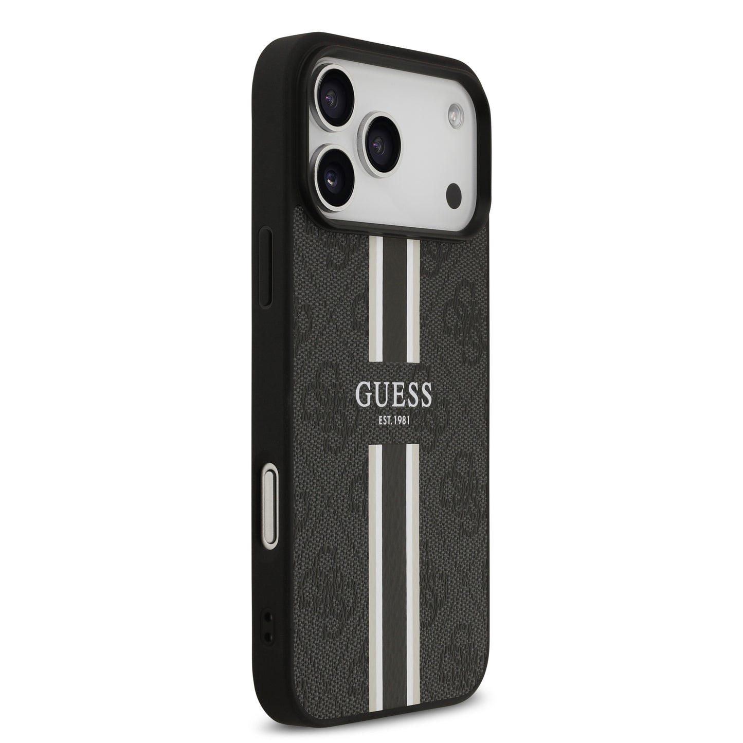 Funda Guess MagSafe de Piel Negra con Franjas y Logotipo 4G para iPhone 17 Pro Max - Case Original de Lujo