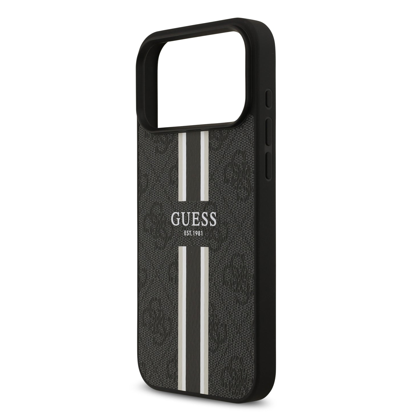 Funda Guess MagSafe de Piel Negra con Franjas y Logotipo 4G para iPhone 17 Pro Max - Case Original de Lujo
