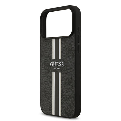 Funda Guess MagSafe de Piel Negra con Franjas y Logotipo 4G para iPhone 17 Pro Max - Case Original de Lujo
