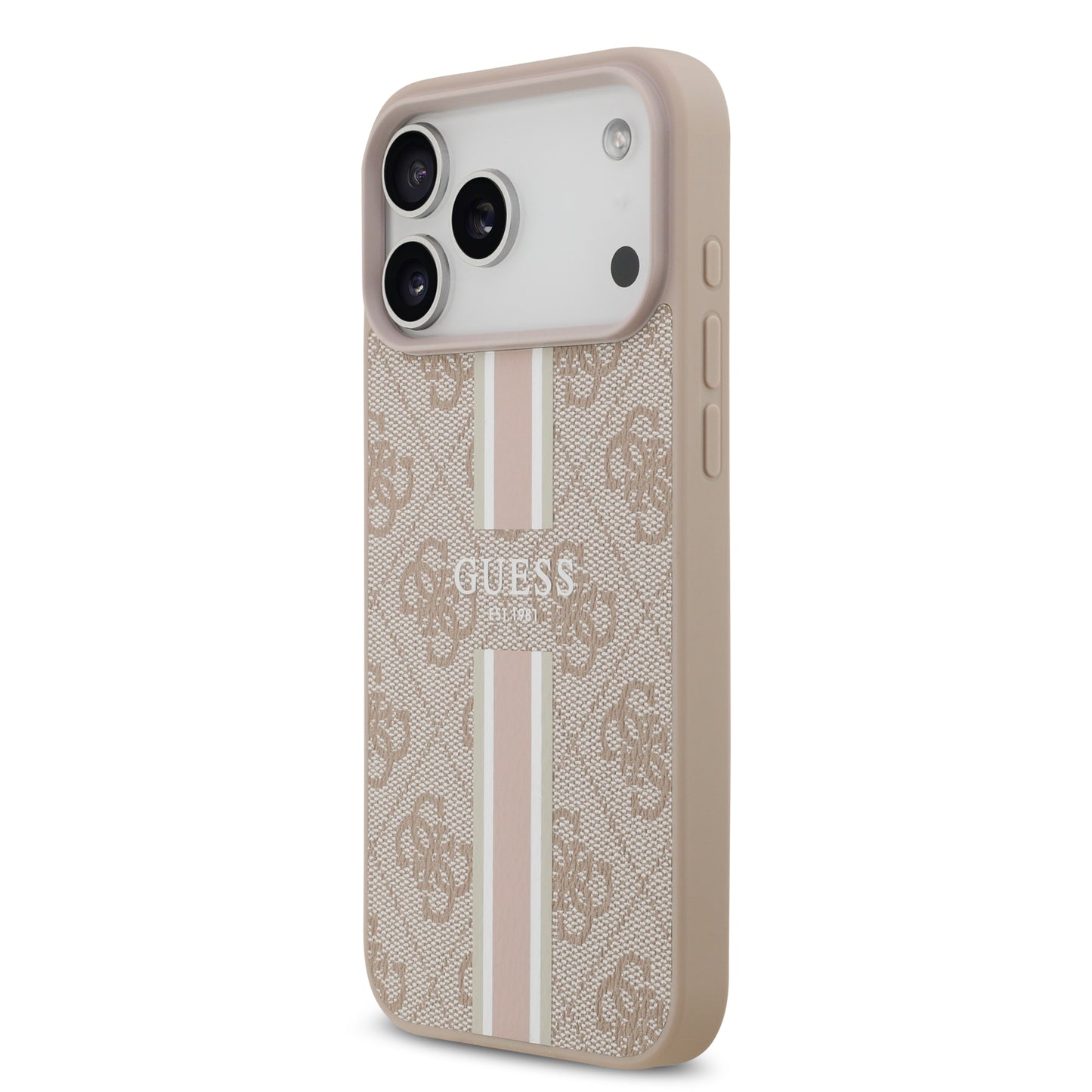 Funda Guess MagSafe de Piel Rosa con Franjas y Logotipo 4G para iPhone 17 Pro | Case Original de Lujo