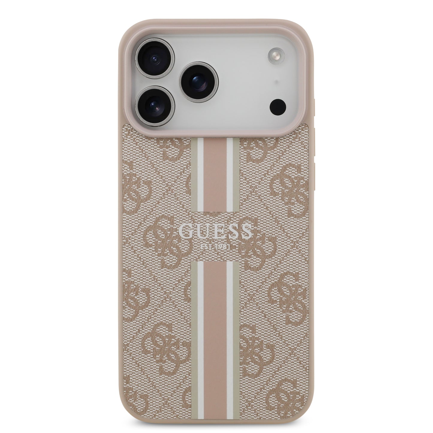 Funda Guess MagSafe de Piel Rosa con Franjas y Logotipo 4G para iPhone 17 Pro | Case Original de Lujo