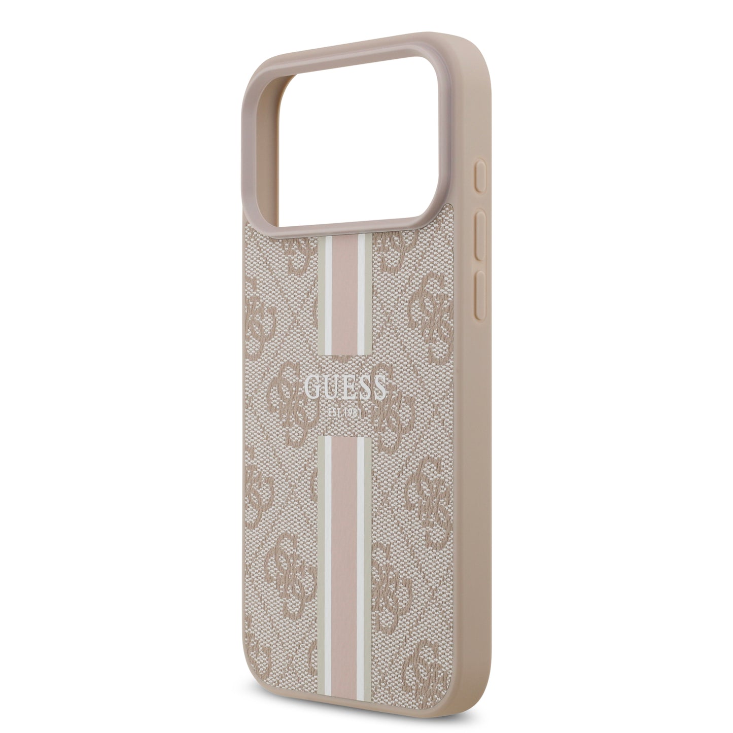 Funda Guess MagSafe de Piel Rosa con Franjas y Logotipo 4G para iPhone 17 Pro Max | Case Original de Lujo