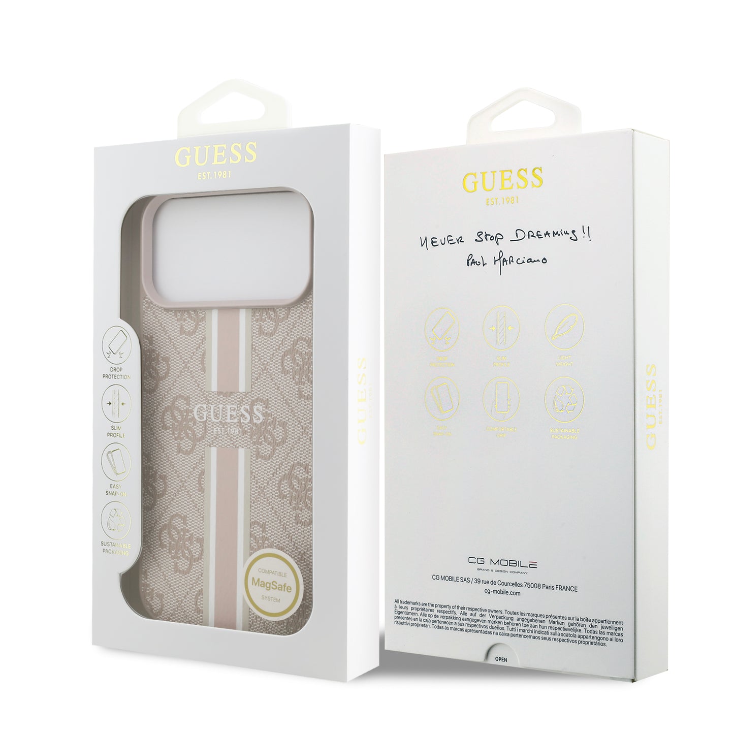 Funda Guess MagSafe de Piel Rosa con Franjas y Logotipo 4G para iPhone 17 Pro | Case Original de Lujo