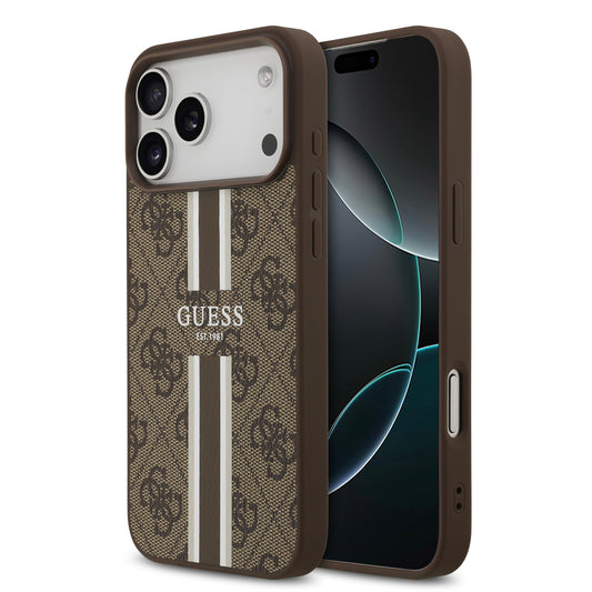 Funda Guess MagSafe de Piel Café con Franjas y Logotipo 4G para iPhone 17 Pro Max | Case Original de Lujo