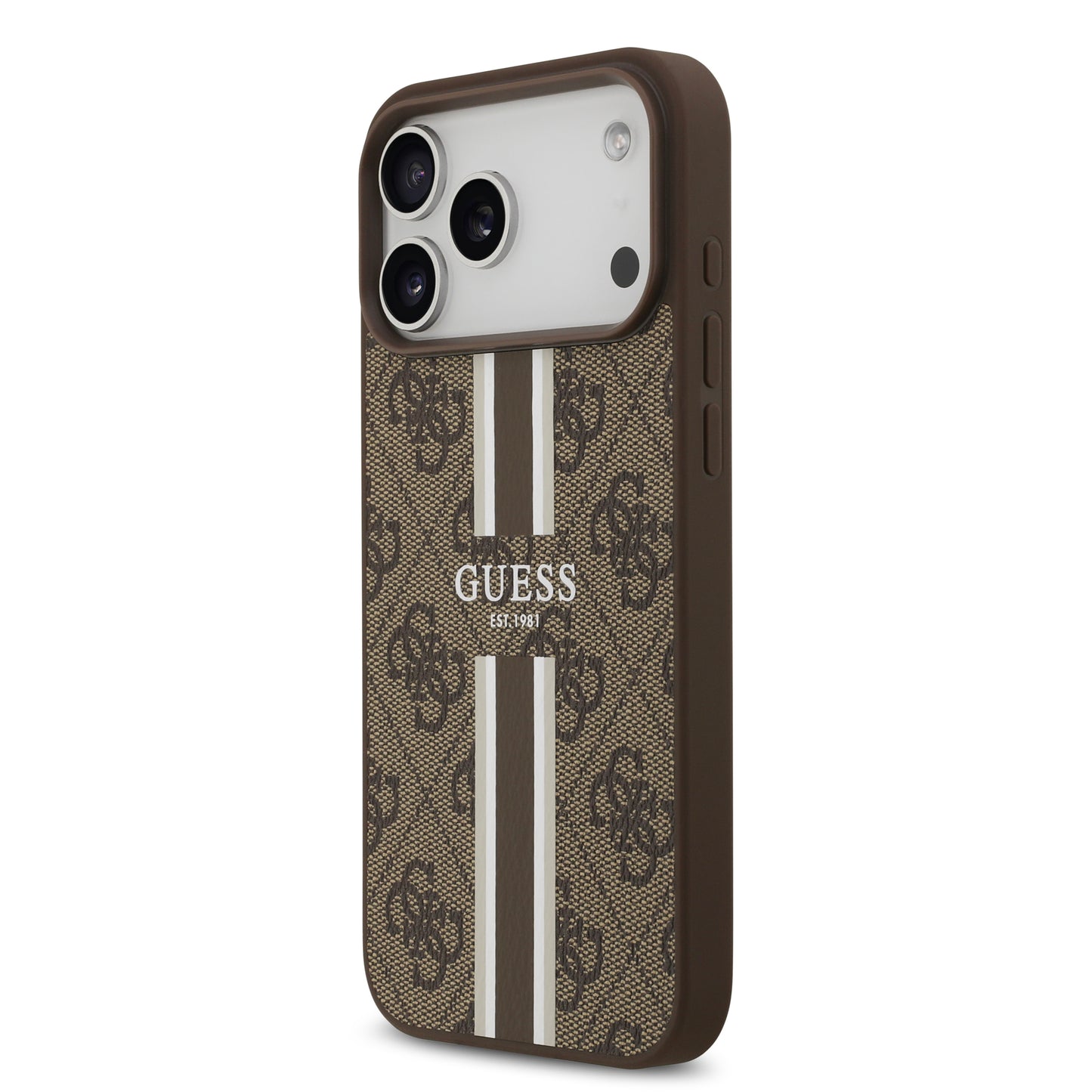 Funda Guess MagSafe de Piel Café con Franjas y Logotipo 4G para iPhone 17 Pro | Case Original de Lujo