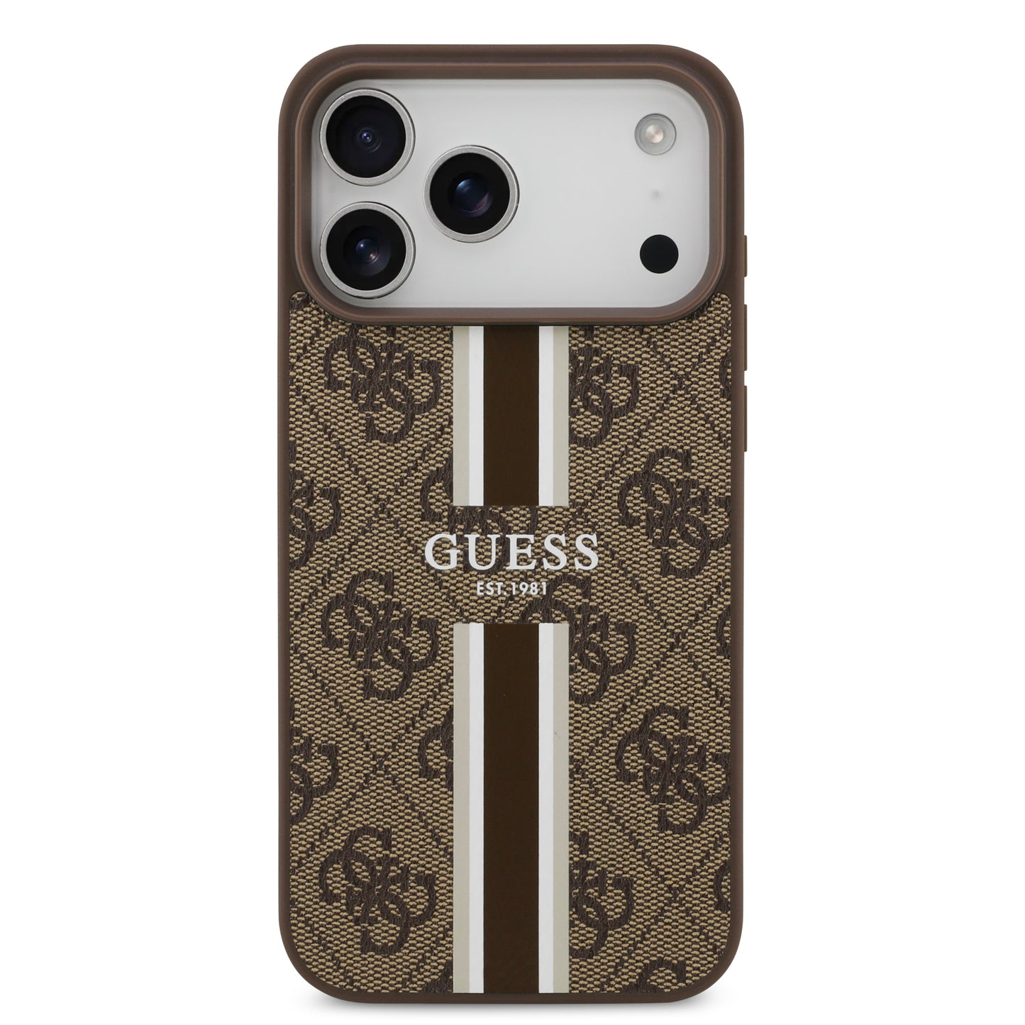 Funda Guess MagSafe de Piel Café con Franjas y Logotipo 4G para iPhone 17 Pro | Case Original de Lujo