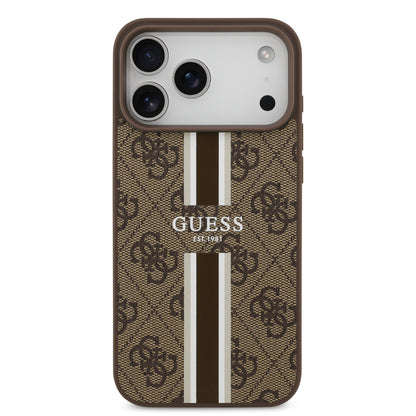 Funda Guess MagSafe de Piel Café con Franjas y Logotipo 4G para iPhone 17 Pro | Case Original de Lujo