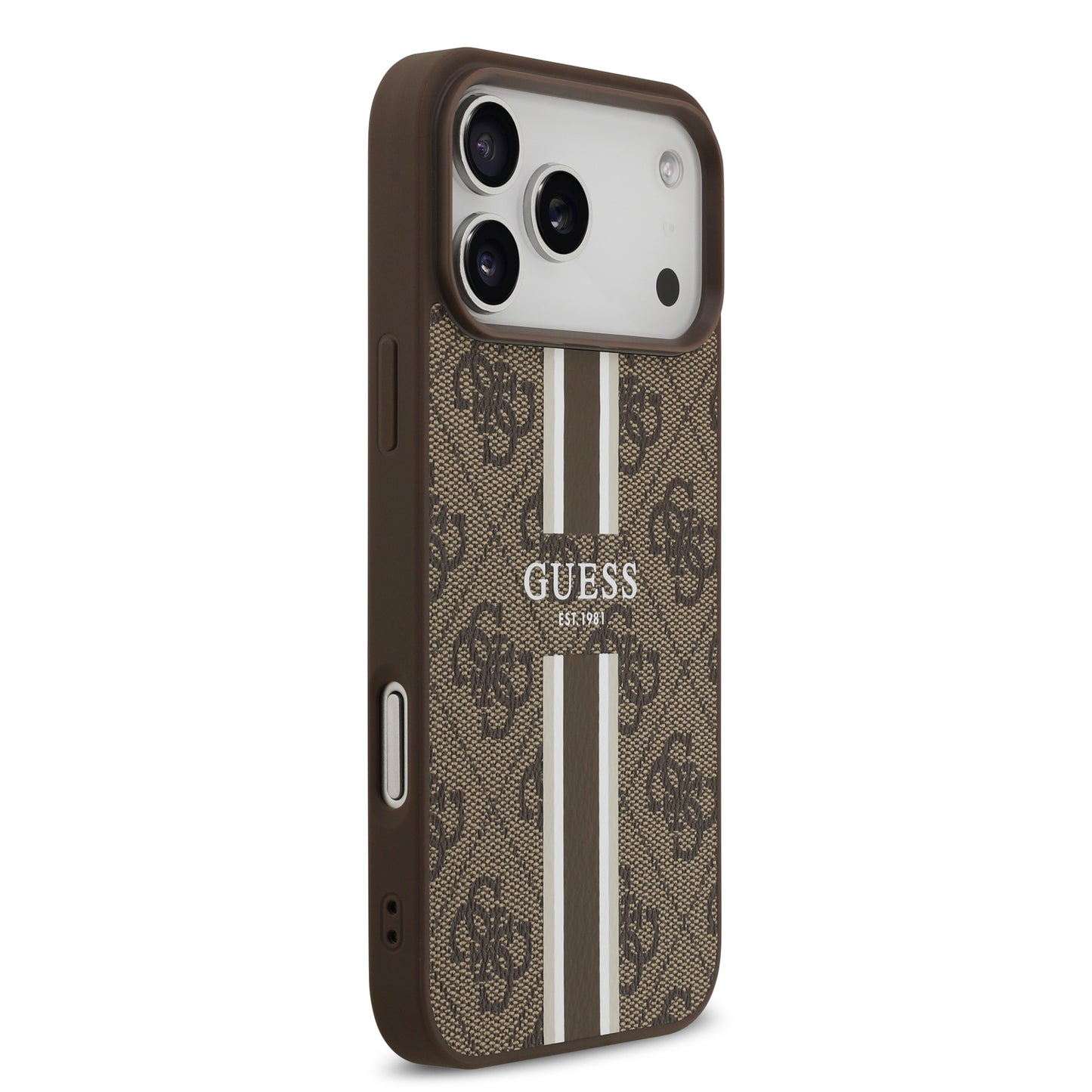 Funda Guess MagSafe de Piel Café con Franjas y Logotipo 4G para iPhone 17 Pro | Case Original de Lujo