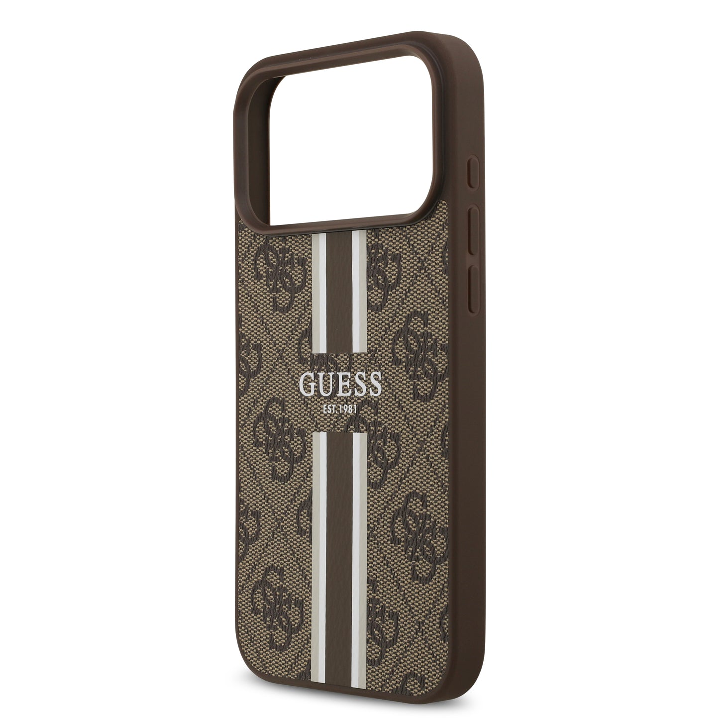 Funda Guess MagSafe de Piel Café con Franjas y Logotipo 4G para iPhone 17 Pro | Case Original de Lujo