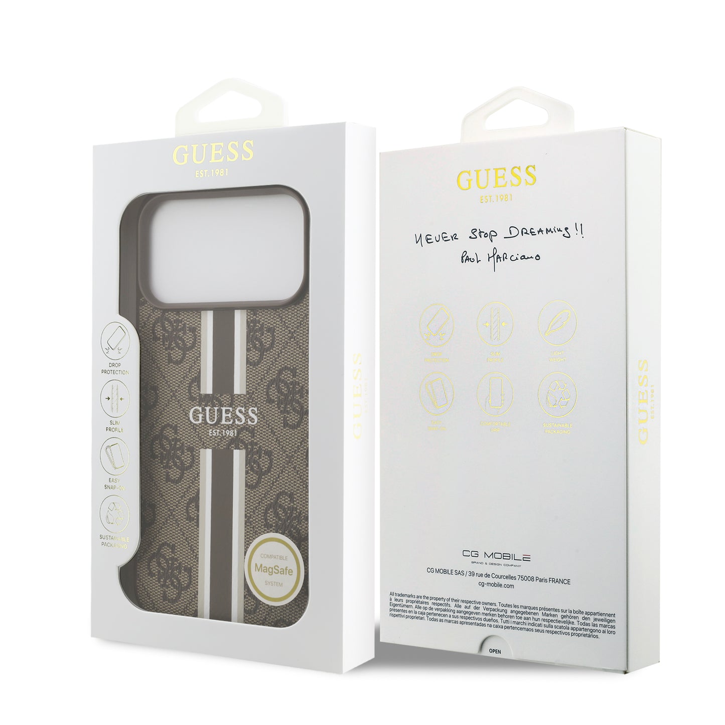 Funda Guess MagSafe de Piel Café con Franjas y Logotipo 4G para iPhone 17 Pro Max | Case Original de Lujo