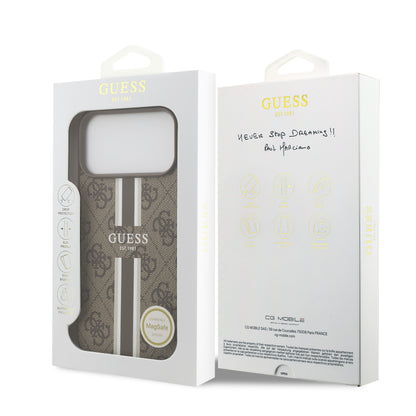 Funda Guess MagSafe de Piel Café con Franjas y Logotipo 4G para iPhone 17 Pro Max | Case Original de Lujo