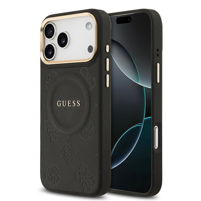 Funda Guess MagSafe de Piel con Peonías Grabadas para iPhone 17 Pro - Negro | Case Original de Lujo