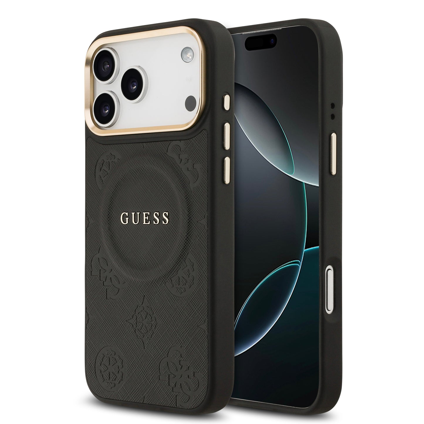 Funda Guess MagSafe de Piel con Peonías Grabadas para iPhone 17 Pro Max - Negro | Case Original de Lujo