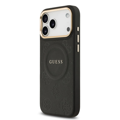 Funda Guess MagSafe de Piel con Peonías Grabadas para iPhone 17 Pro - Negro | Case Original de Lujo