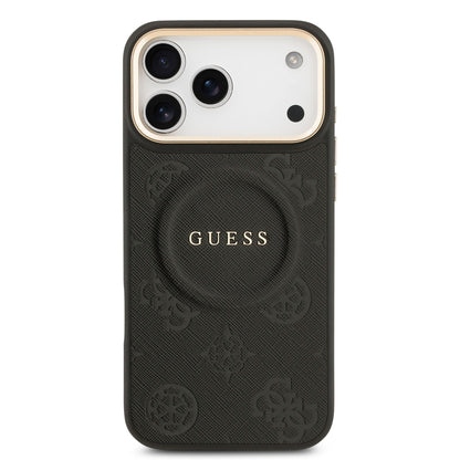 Funda Guess MagSafe de Piel con Peonías Grabadas para iPhone 17 Pro - Negro | Case Original de Lujo