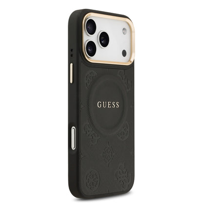 Funda Guess MagSafe de Piel con Peonías Grabadas para iPhone 17 Pro - Negro | Case Original de Lujo