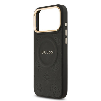 Funda Guess MagSafe de Piel con Peonías Grabadas para iPhone 17 Pro - Negro | Case Original de Lujo