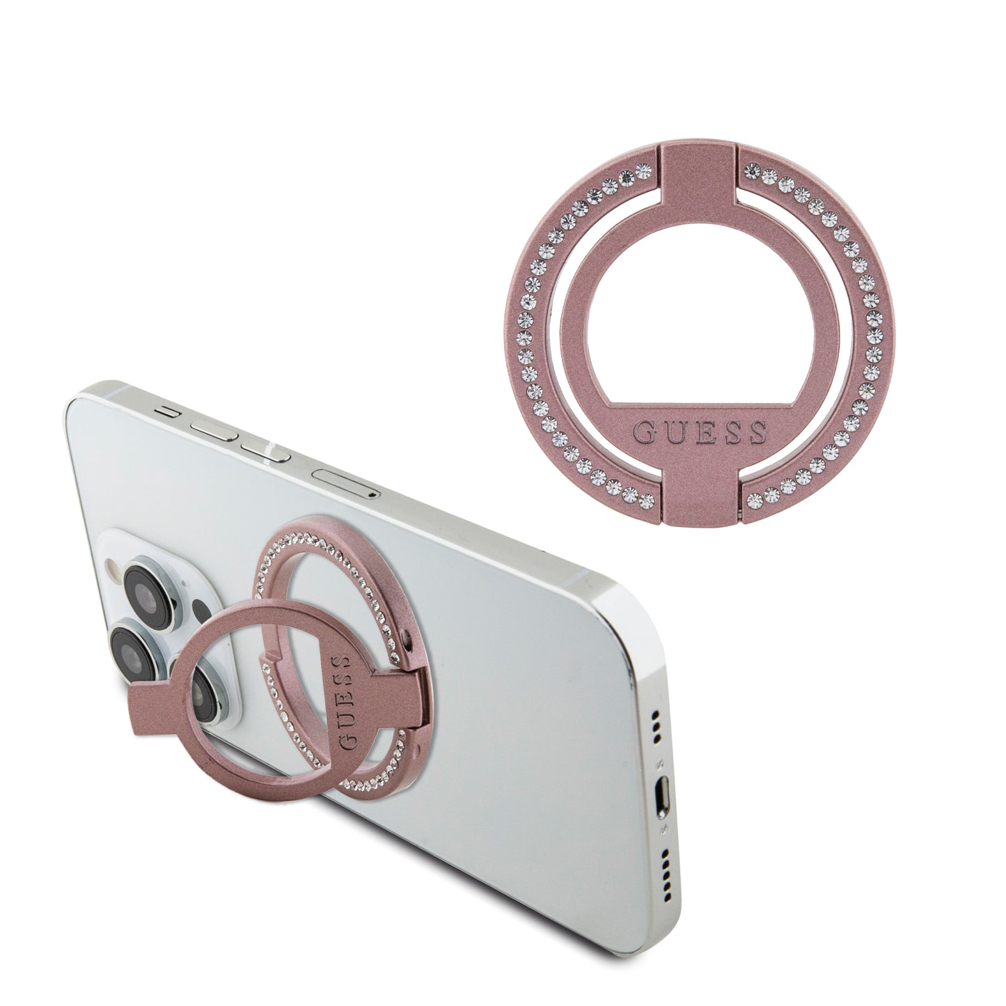 Soporte Guess MGSF Con Diamantes Rosa – Accesorio Elegante para iPhone