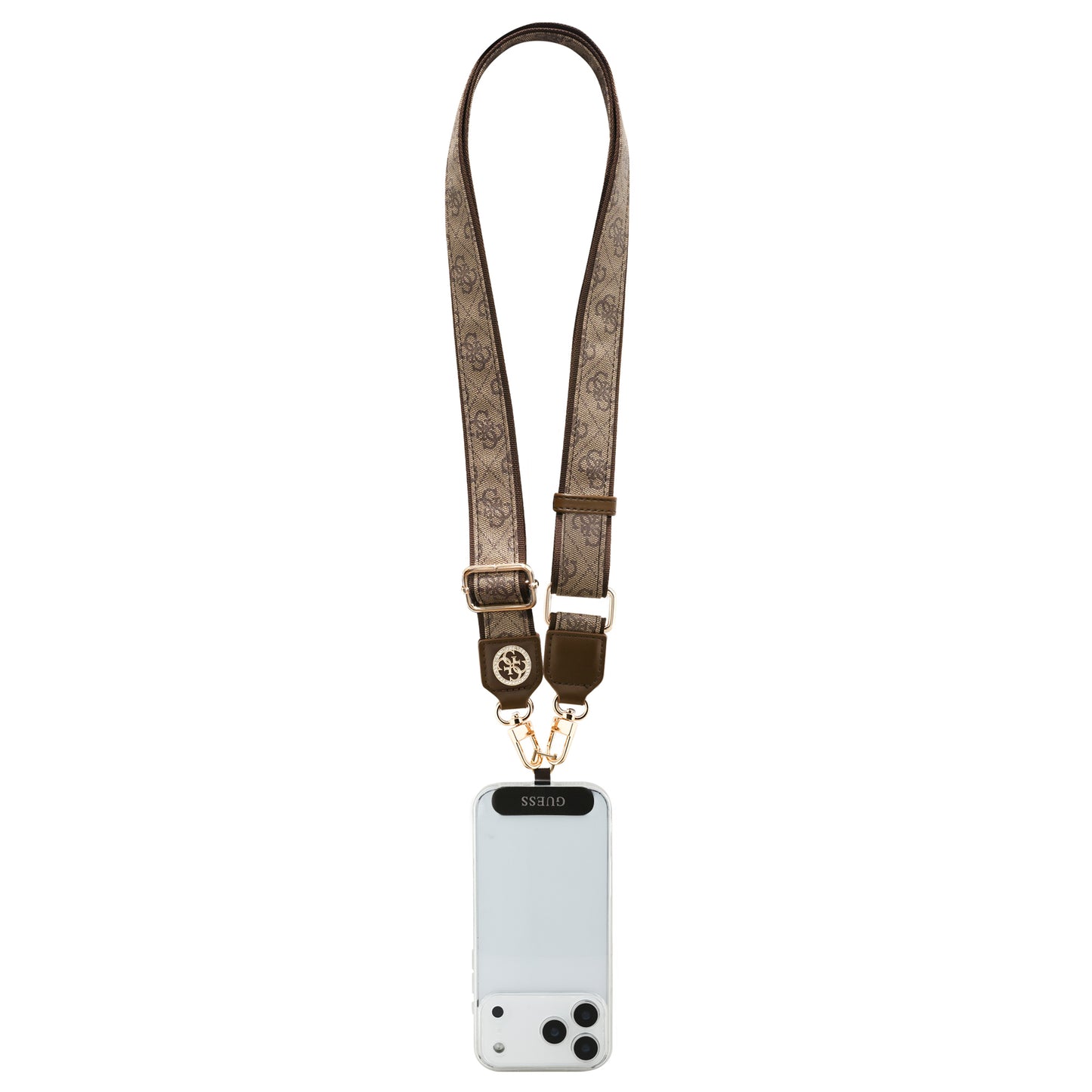 Correa Universal Guess para Celular de Piel Café con Cristales Strass y Logo 4G | Strap de Lujo