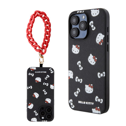 Case Hello Kitty Caras con Correa para iPhone 15 Pro Max - Diseño Negro y Exclusivo