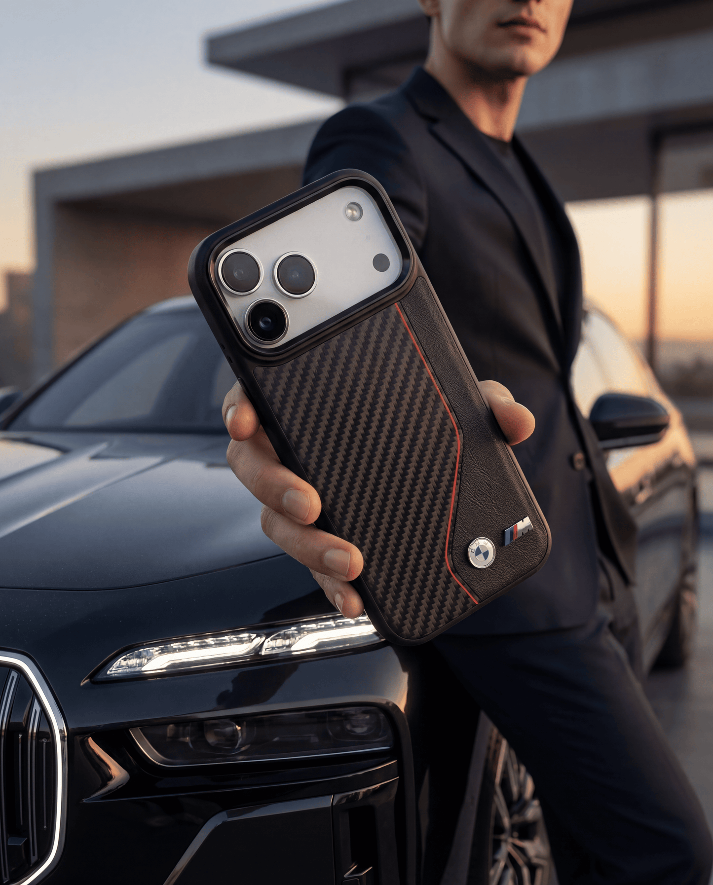 Funda BMW M Series MagSafe Roja con Textura de Fibra de Carbono para iPhone 17 Pro Max | Case Original de Lujo