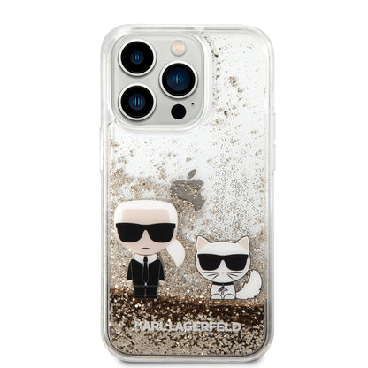 Case Karl Glitter Líquido K&C para iPhone 14 Pro - Dorado Brillante y Exclusivo