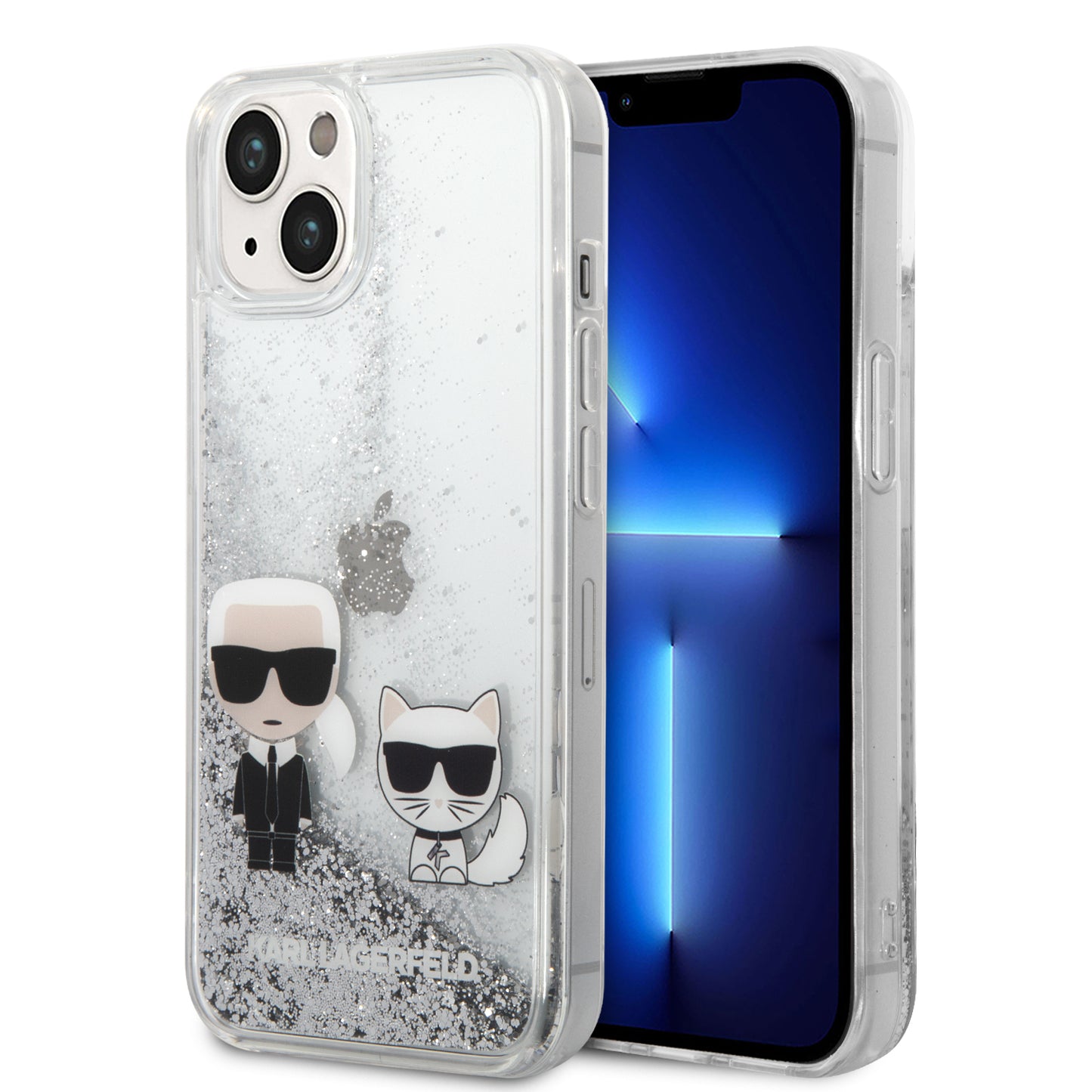 Case Karl Glitter Líquido K&C para iPhone 14 - Funda Plata Elegante y Resistente