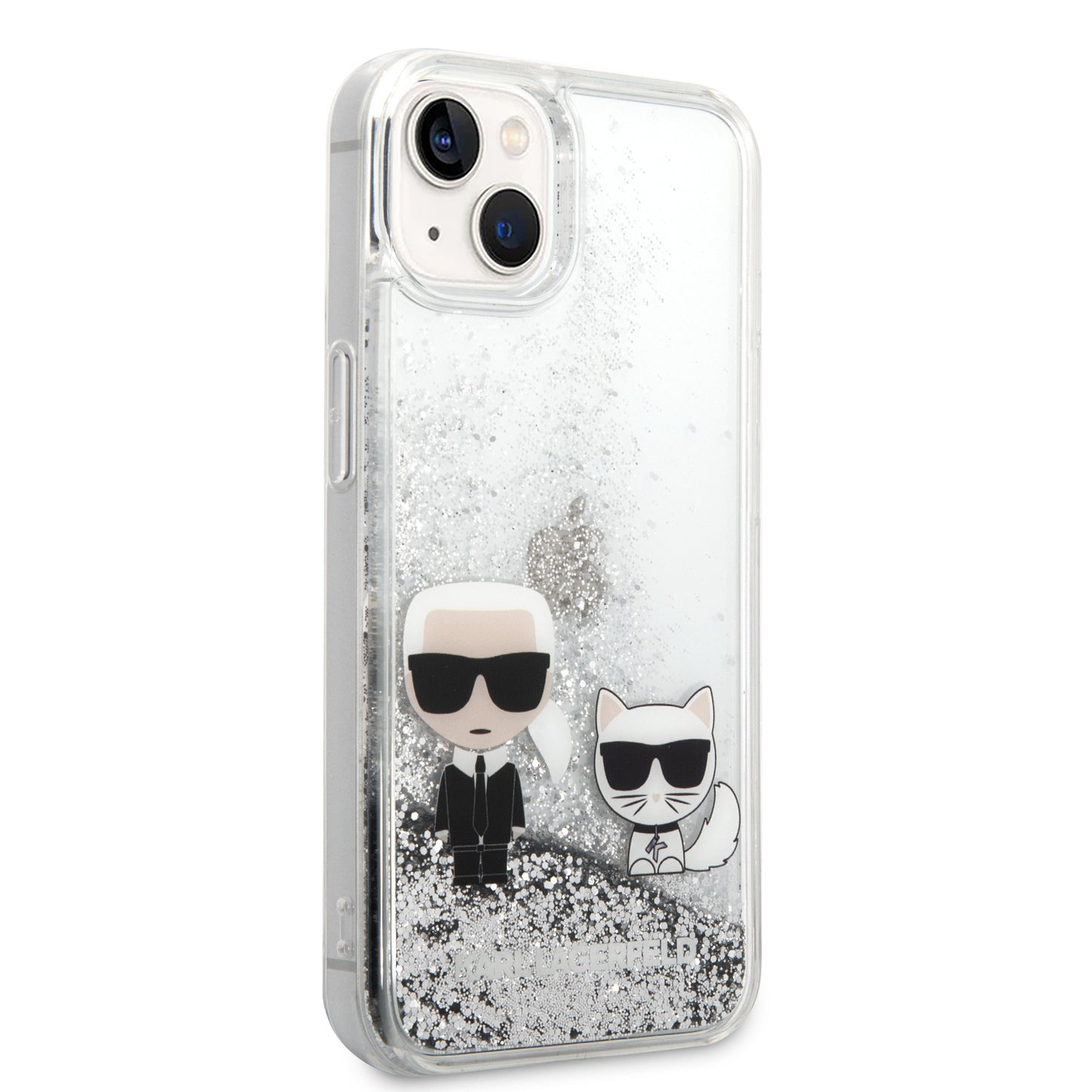 Case Karl Glitter Líquido K&C para iPhone 14 - Funda Plata Elegante y Resistente