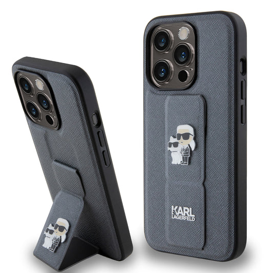 Case Karl Lagerfeld Safiano Stand K&C iPhone 15 Pro Plata – Estilo y Soporte Integrado