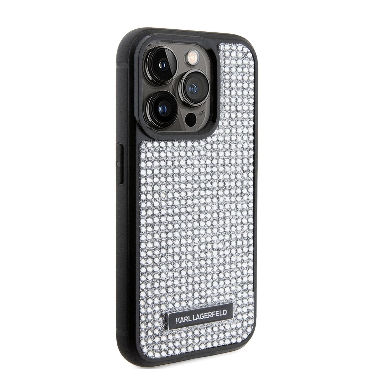 Case Karl Pedrería Logo Metal para iPhone 15 Pro Plata - Diseño Elegante y Exclusivo