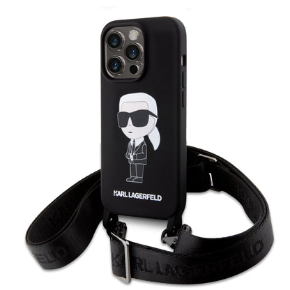 Case Karl Silicon Crossbody para iPhone 15 Pro - Funda Negra con Correa Elegante