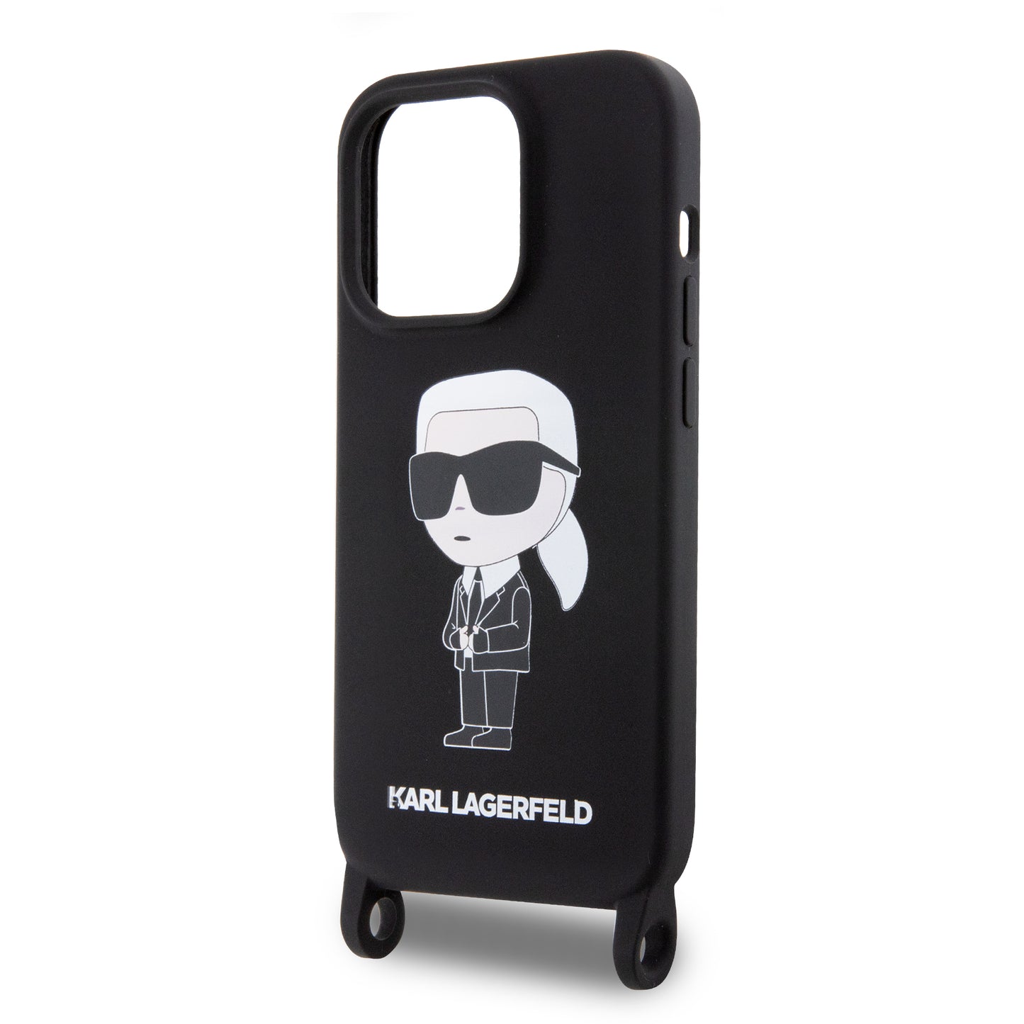 Case Karl Silicon Crossbody para iPhone 15 Pro - Funda Negra con Correa Elegante