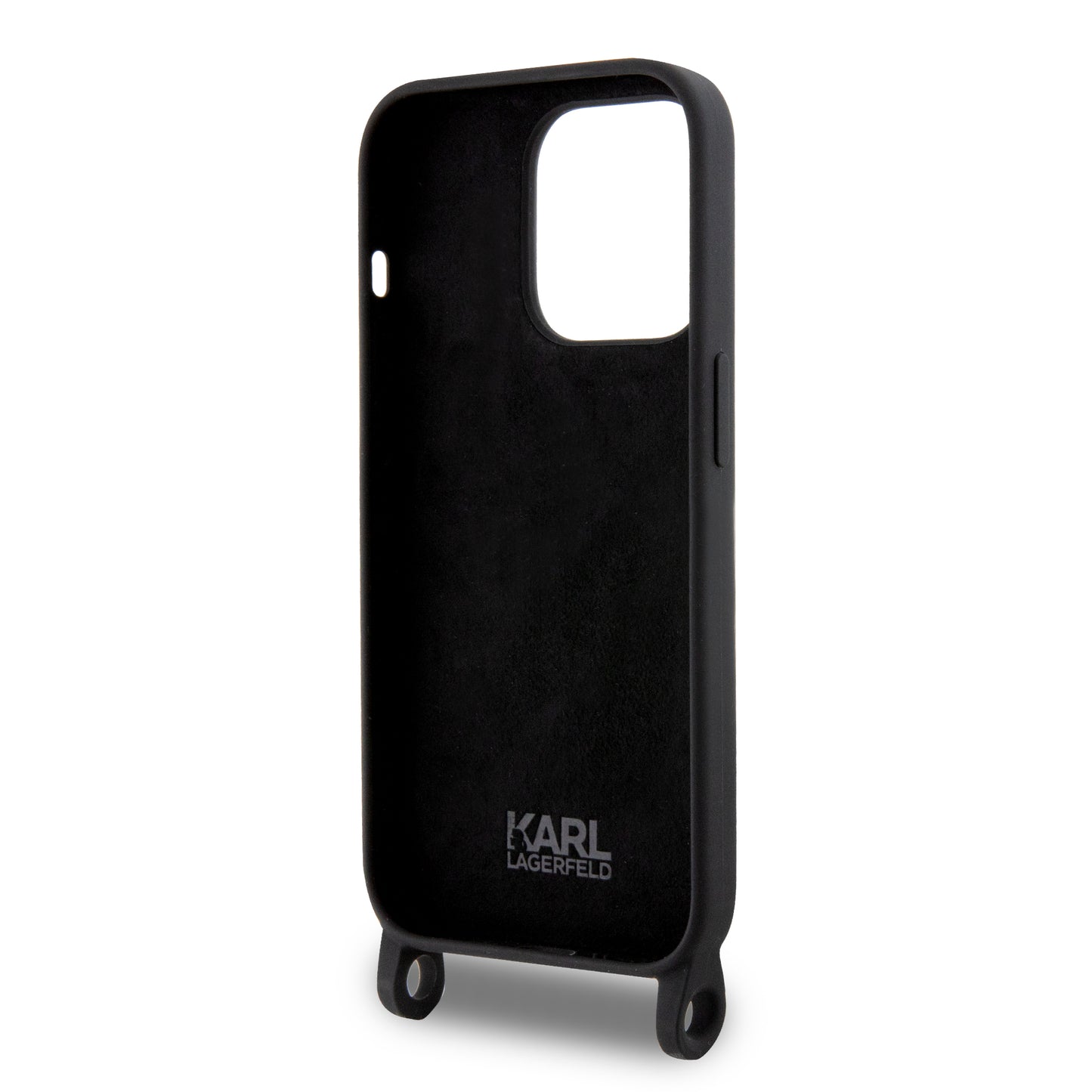 Case Karl Silicon Crossbody para iPhone 15 Pro - Funda Negra con Correa Elegante