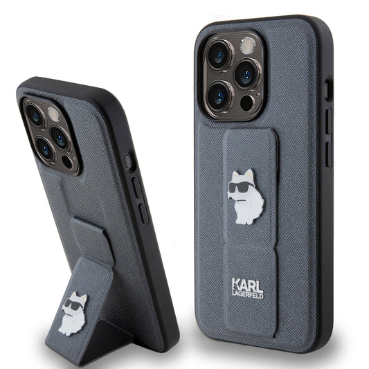 Case Karl Safiano Stand Choupette para iPhone 15 Pro Max - Plata Elegante y Resistente