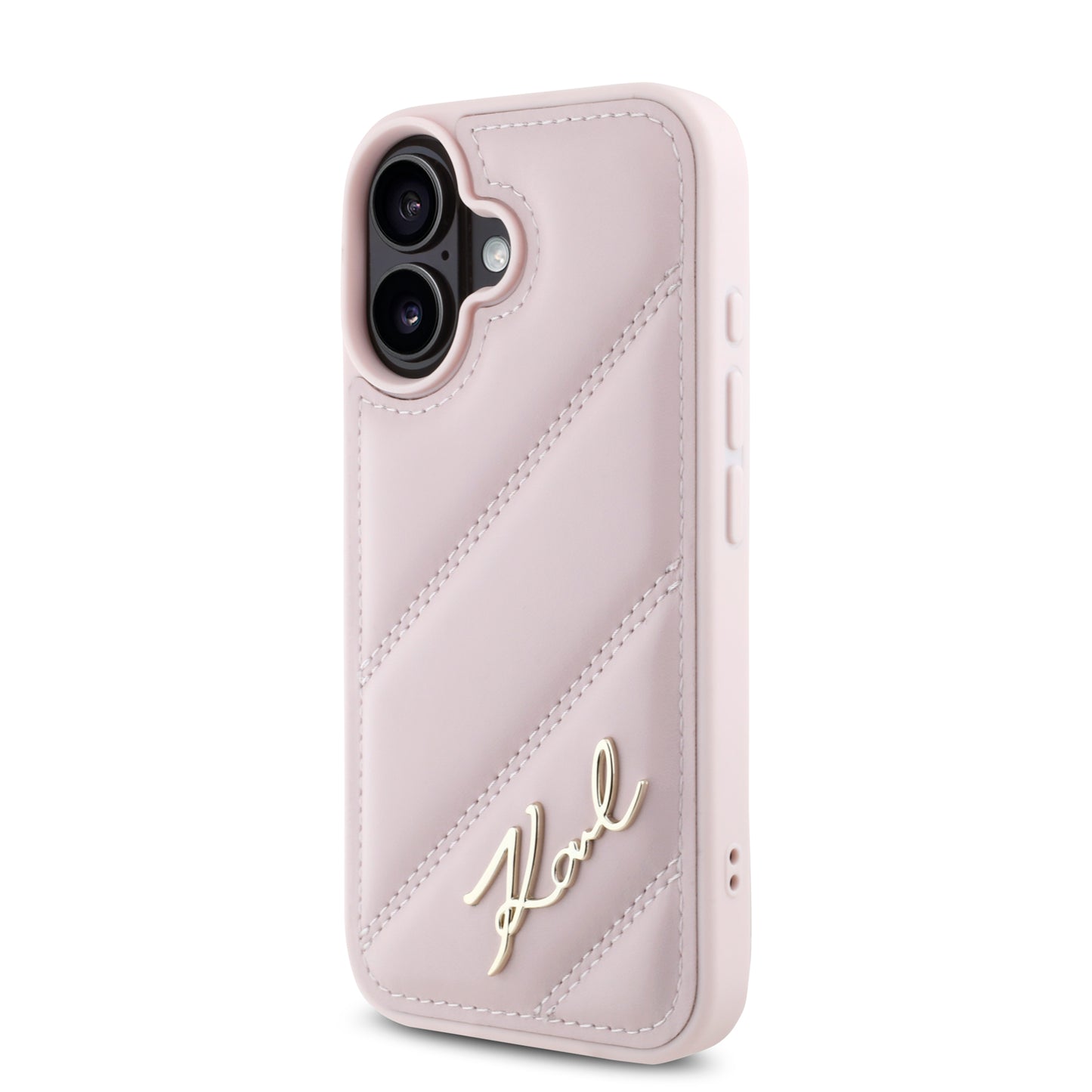 Case Karl Acolchado Logo Metal iPhone 16 Rosa - Funda de lujo con logo metálico