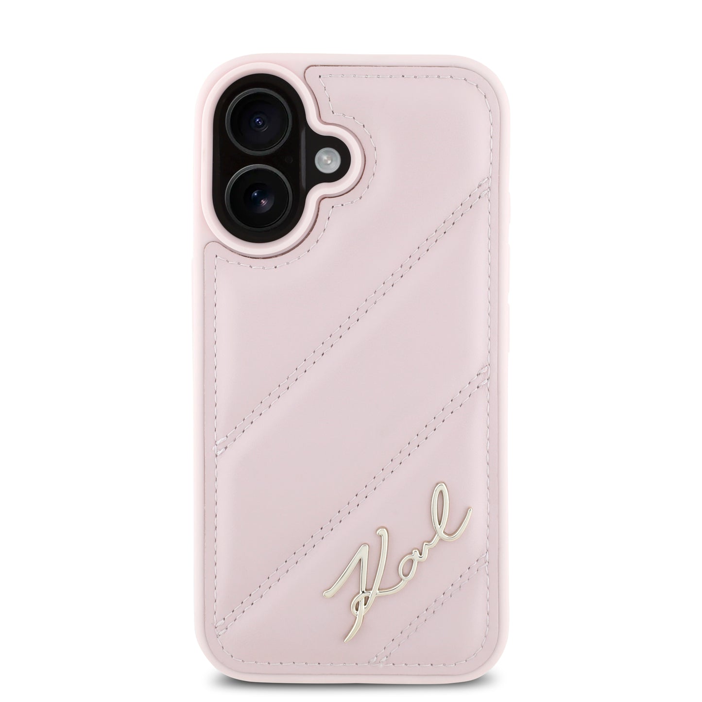 Case Karl Acolchado Logo Metal iPhone 16 Rosa - Funda de lujo con logo metálico