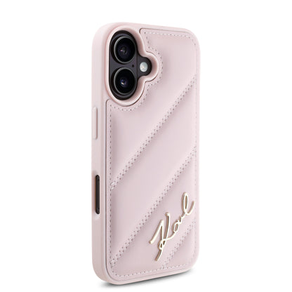 Case Karl Acolchado Logo Metal iPhone 16 Rosa - Funda de lujo con logo metálico